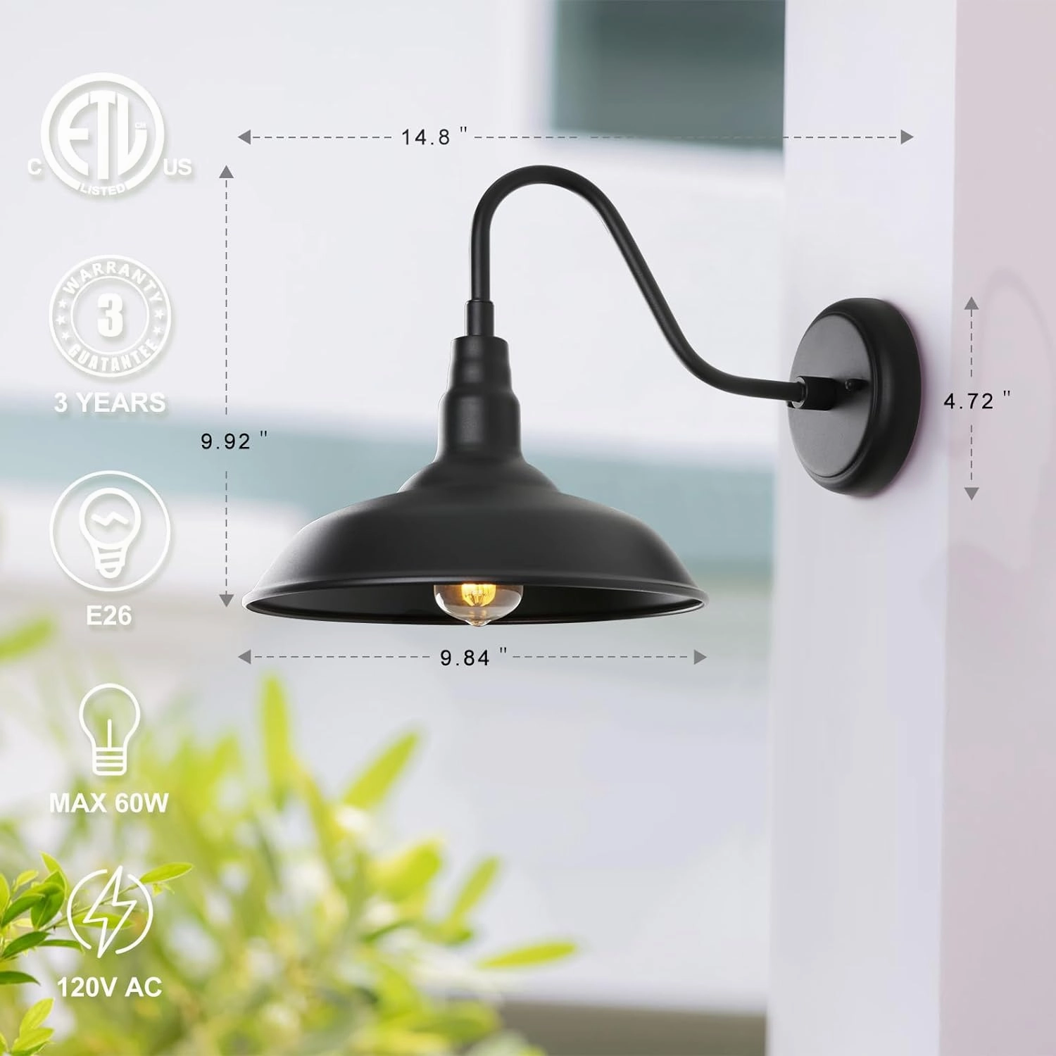 Black Gooseneck Barn Light for Farmhouse 10 Inch Dome Exterior Lights Fixture with Wall Mount, Outdoor Wall Sconce for Garage Porch Patio