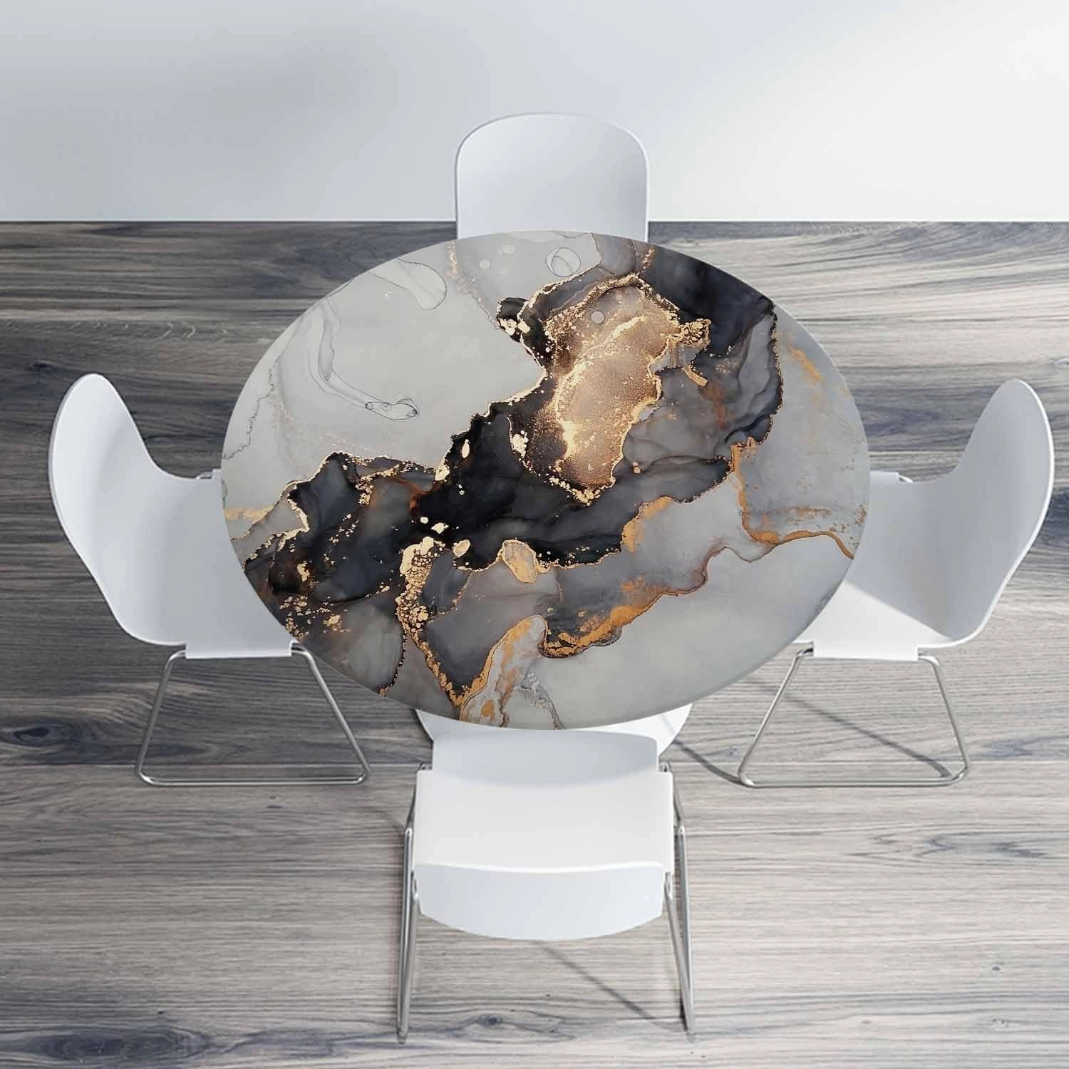 Blue Gold Marble Round Table Cloth Abstract Rock Quartz Elastic Edged Table Cover Fade And Stain Resistant Table Cloths Easy To Clean Fits Tables 40-44" Diameter