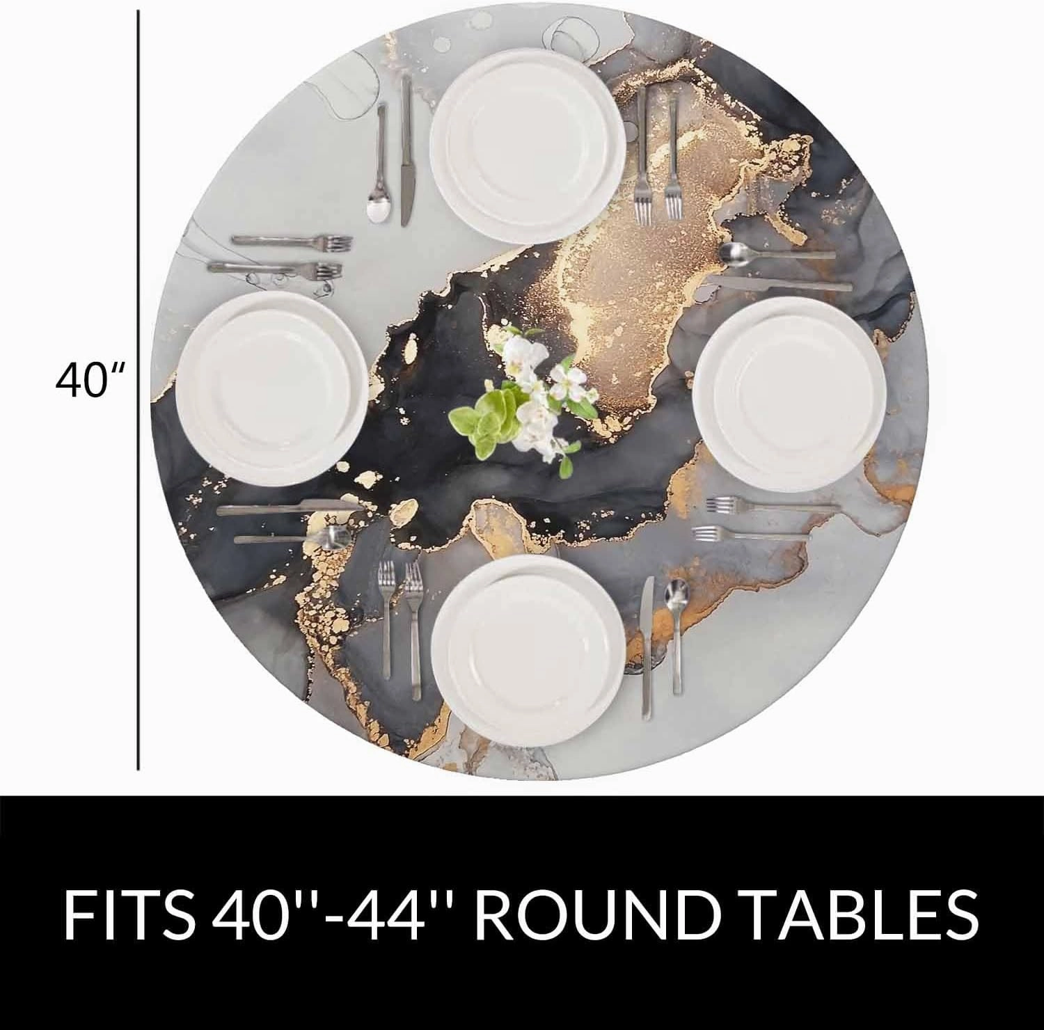 Blue Gold Marble Round Table Cloth Abstract Rock Quartz Elastic Edged Table Cover Fade And Stain Resistant Table Cloths Easy To Clean Fits Tables 40-44" Diameter