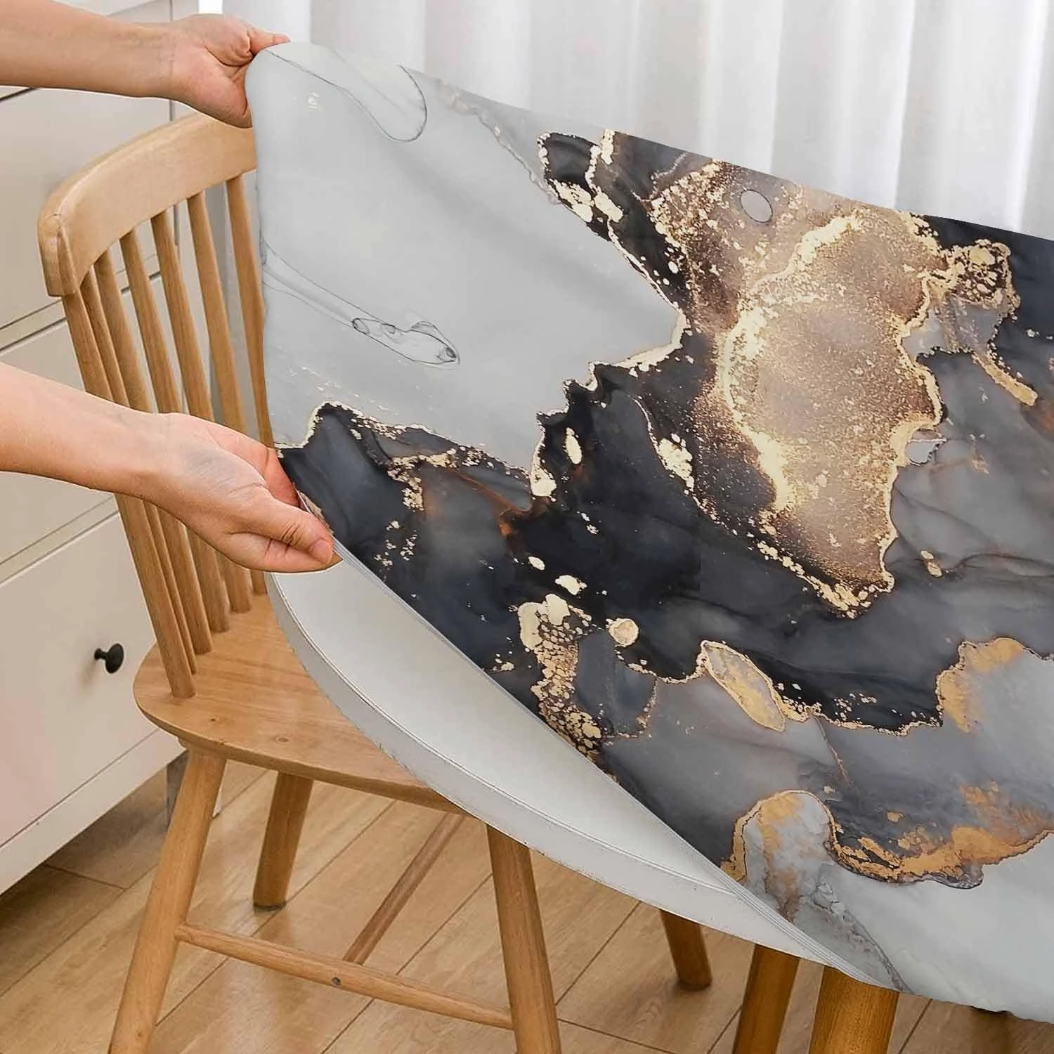 Blue Gold Marble Round Table Cloth Abstract Rock Quartz Elastic Edged Table Cover Fade And Stain Resistant Table Cloths Easy To Clean Fits Tables 40-44" Diameter