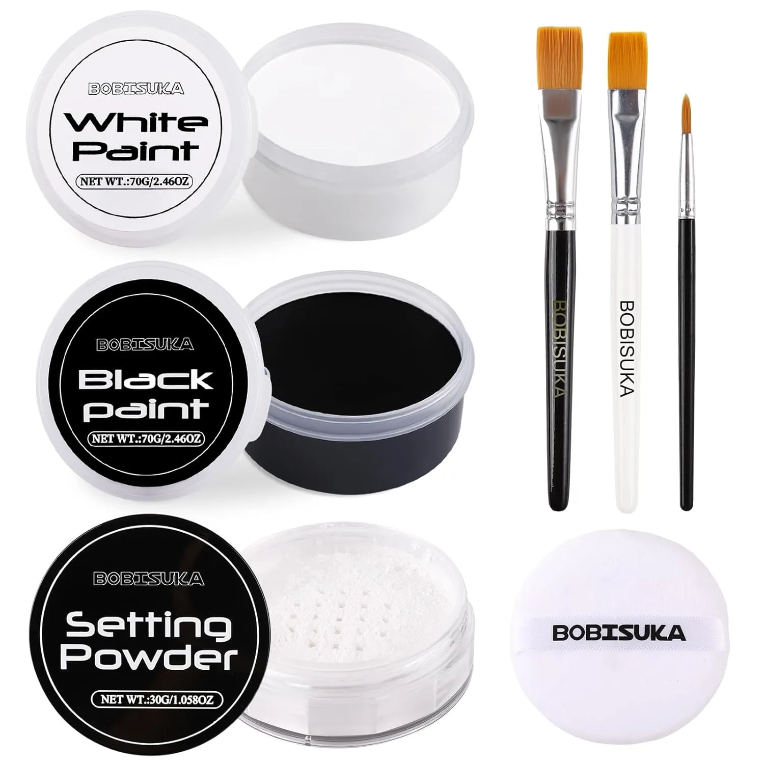 BOBISUKA Black & White Face Body Paint   Setting Powder   3PCS Artist Brushes Face Painting Kit for Adult Large Capacity Professional Oil Based Cream Paints Palette For Halloween Clown Skeleton Vampir
