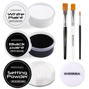 BOBISUKA Black & White Face Body Paint   Setting Powder   3PCS Artist Brushes Face Painting Kit for Adult Large Capacity Professional Oil Based Cream Paints Palette For Halloween Clown Skeleton Vampir