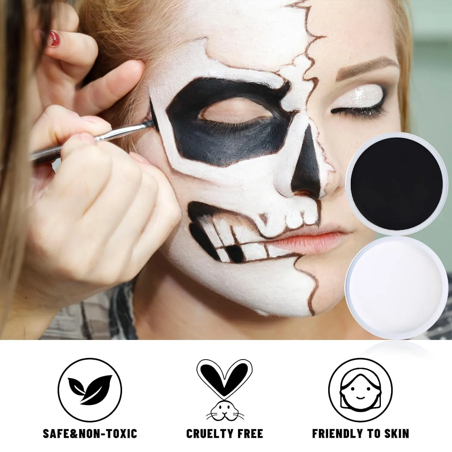 BOBISUKA Black & White Face Body Paint   Setting Powder   3PCS Artist Brushes Face Painting Kit for Adult Large Capacity Professional Oil Based Cream Paints Palette For Halloween Clown Skeleton Vampir