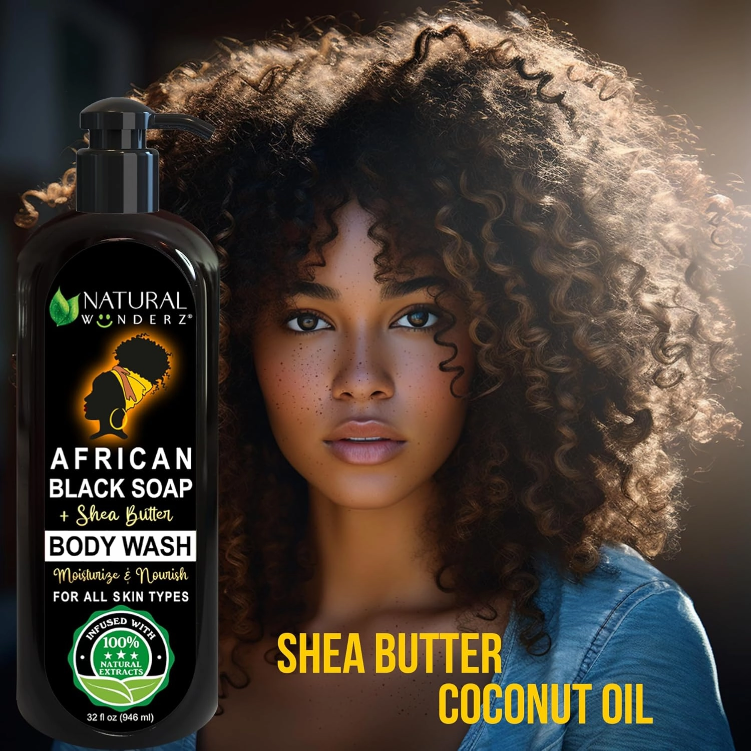 Body Wash with African Black Soap and Shea Butter, 32 Fl Oz Shower Gel, Promotes Acne Treatment, Contains All Natural Extracts, Vegan, and Sulfate-Free Body Scrub
