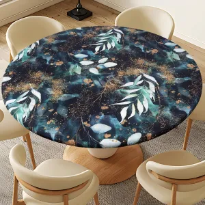 Boho LeavesTablecloth Fitted Elastic Black/Green/Matte Gold Vinyl Whimsical Patio Table Covers Wrinkle Resistant Round Tablecloths for Picnic Camping Indoor and Outdoor 46" - 56"