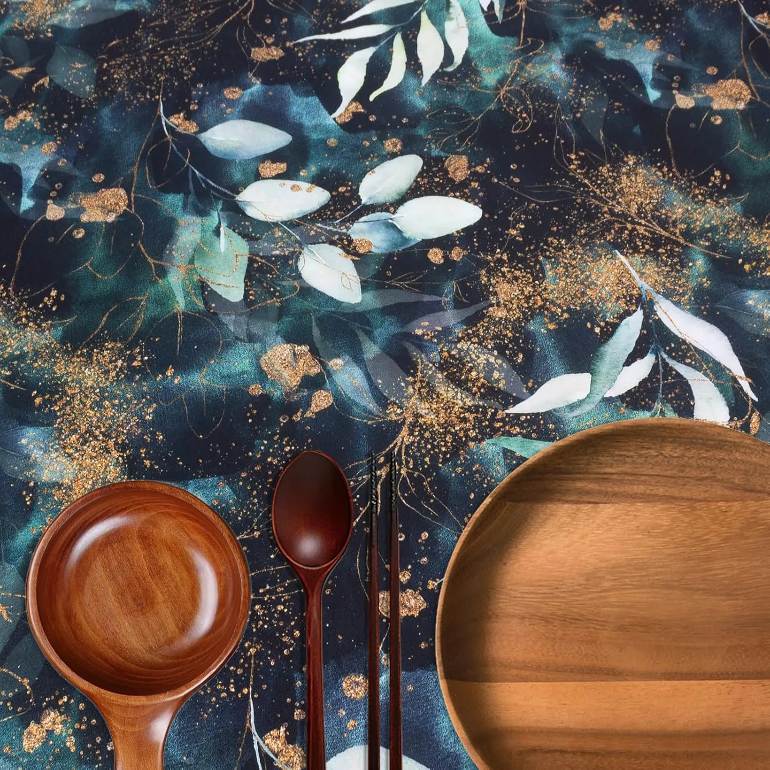 Boho LeavesTablecloth Fitted Elastic Black/Green/Matte Gold Vinyl Whimsical Patio Table Covers Wrinkle Resistant Round Tablecloths for Picnic Camping Indoor and Outdoor 46" - 56"