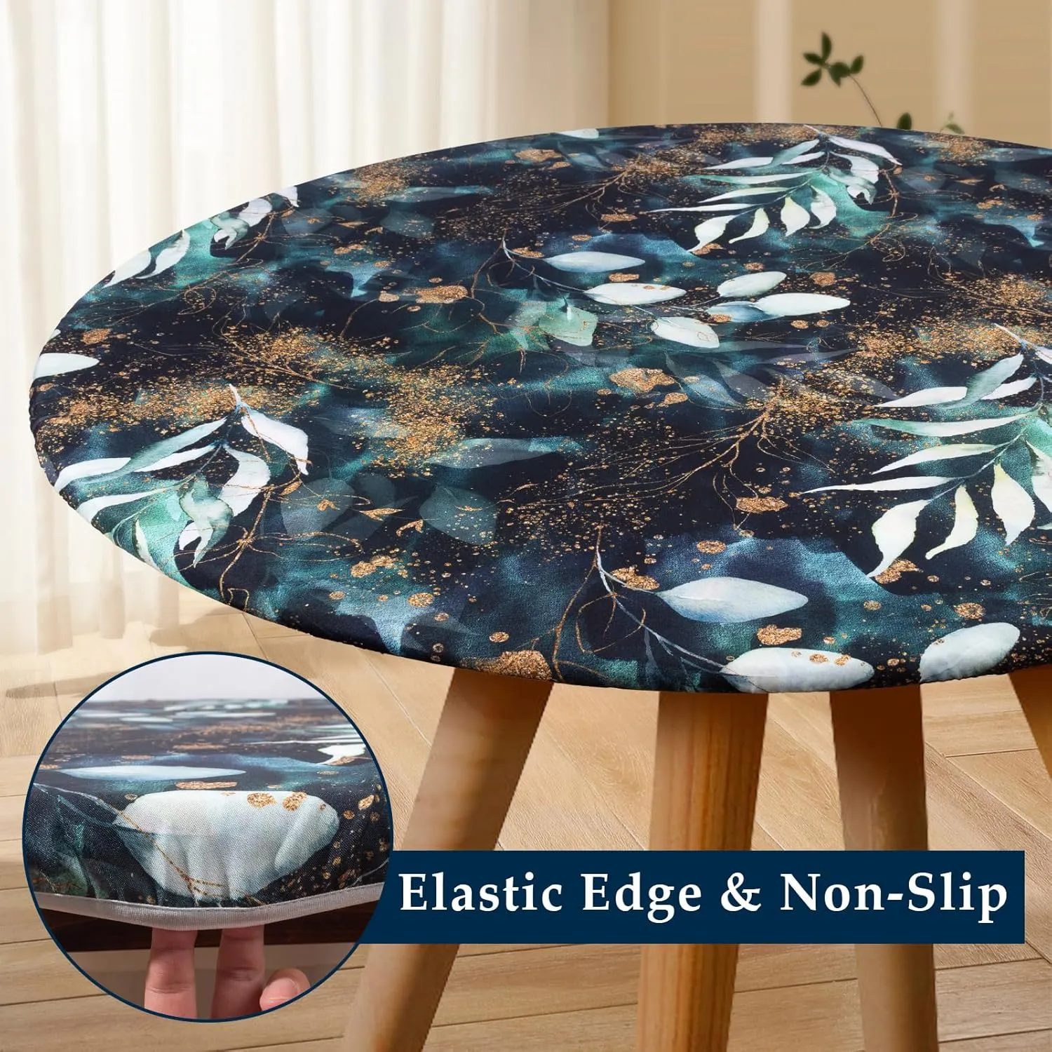 Boho LeavesTablecloth Fitted Elastic Black/Green/Matte Gold Vinyl Whimsical Patio Table Covers Wrinkle Resistant Round Tablecloths for Picnic Camping Indoor and Outdoor 46" - 56"