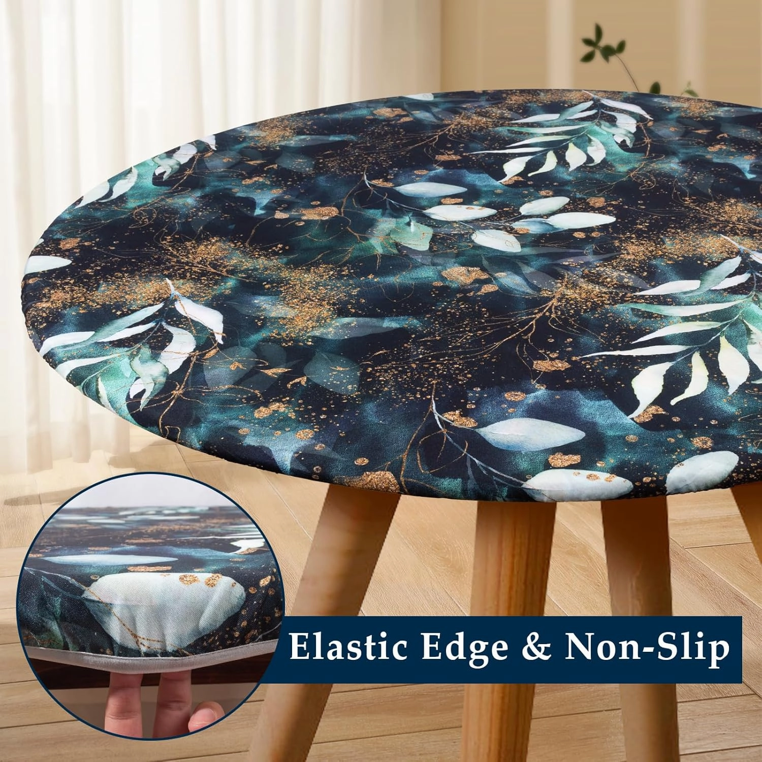Boho LeavesTablecloth Fitted Elastic Black/Green/Matte Gold Vinyl Whimsical Patio Table Covers Wrinkle Resistant Round Tablecloths for Picnic Camping Indoor and Outdoor 36" - 44"