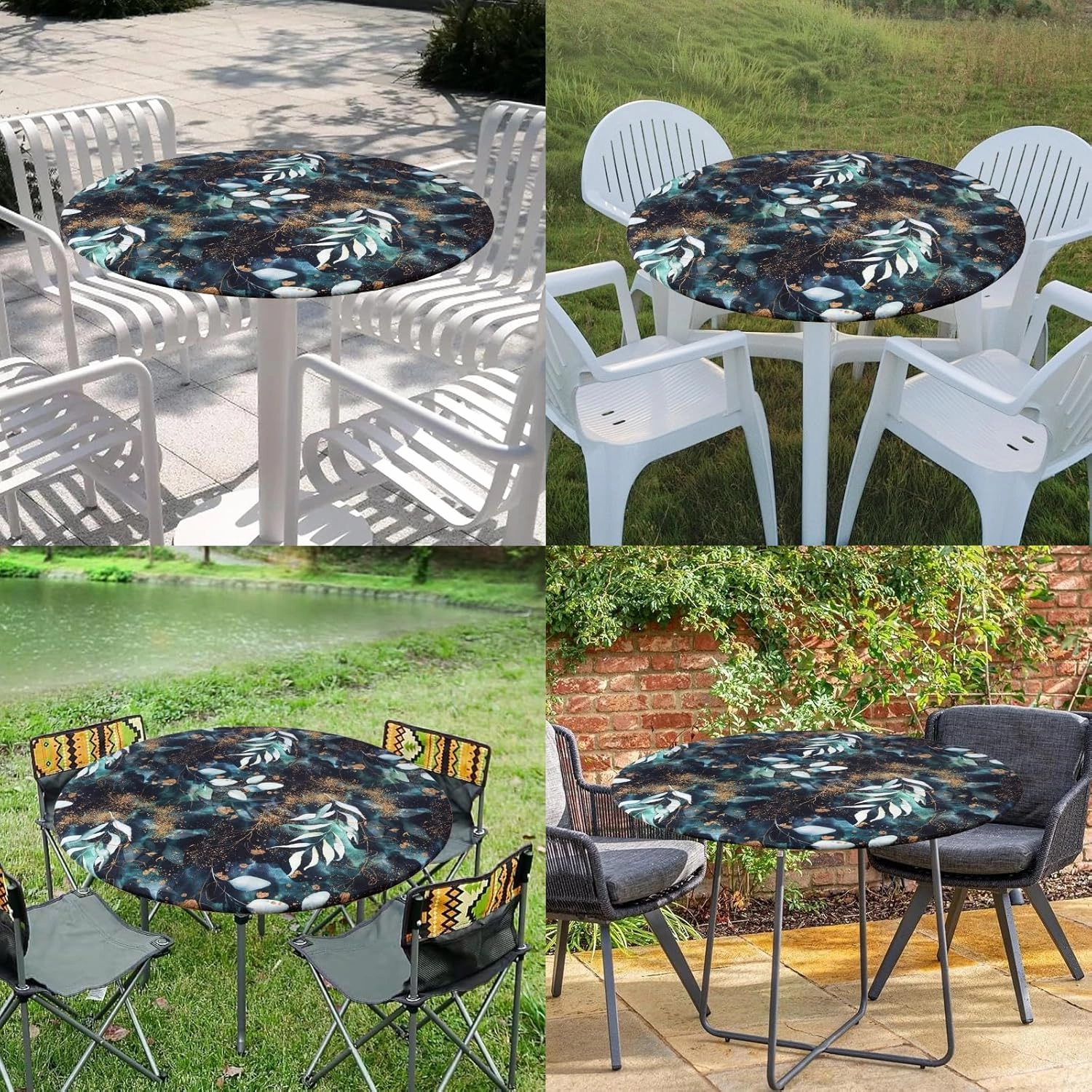 Boho LeavesTablecloth Fitted Elastic Black/Green/Matte Gold Vinyl Whimsical Patio Table Covers Wrinkle Resistant Round Tablecloths for Picnic Camping Indoor and Outdoor 36" - 44"