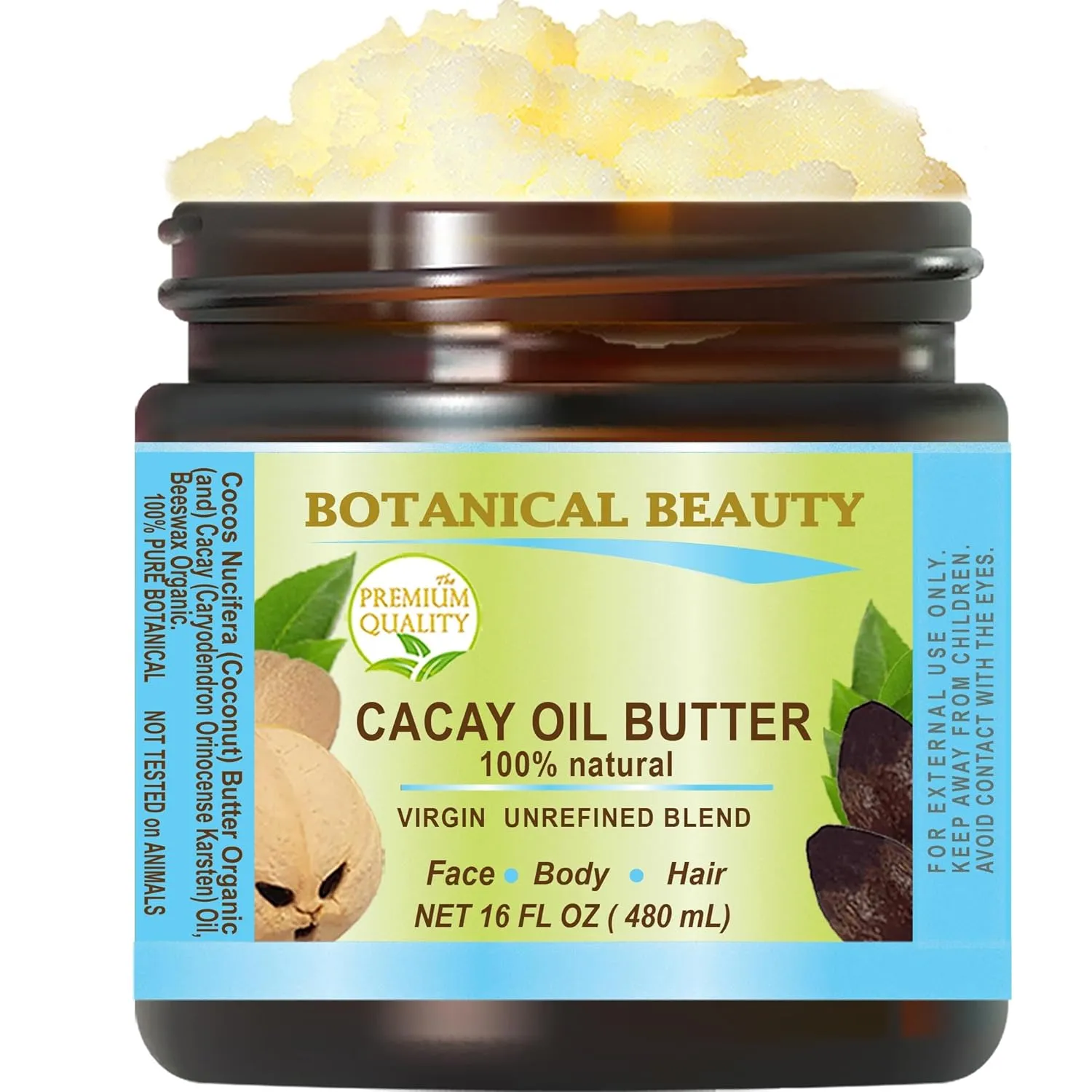 Botanical Beauty CACAY OIL BUTTER Pure Natural Virgin Unrefined RAW 16 Fl. Oz.- 480 ml for FACE SKIN BODY HAIR NAILS Vitamin C Vitamin E