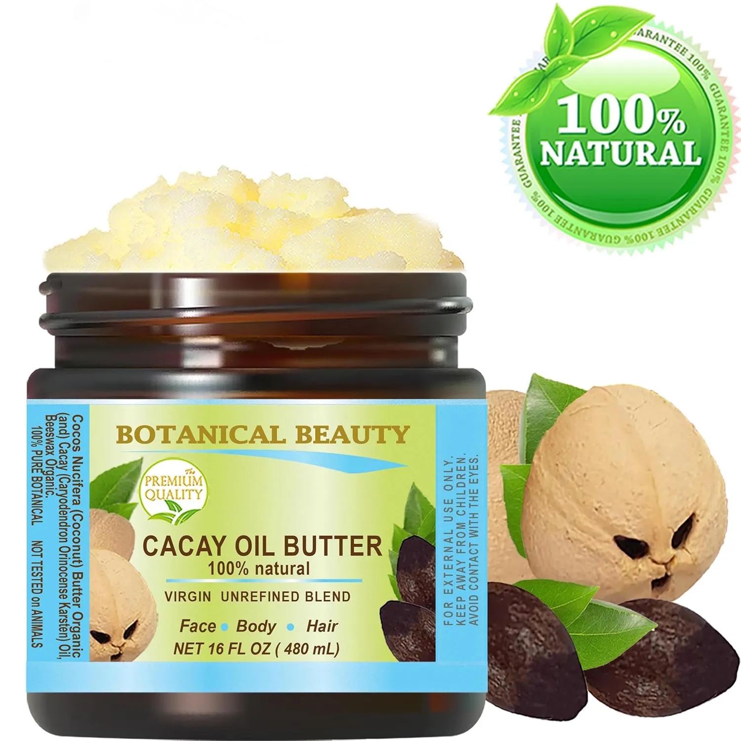 Botanical Beauty CACAY OIL BUTTER Pure Natural Virgin Unrefined RAW 16 Fl. Oz.- 480 ml for FACE SKIN BODY HAIR NAILS Vitamin C Vitamin E