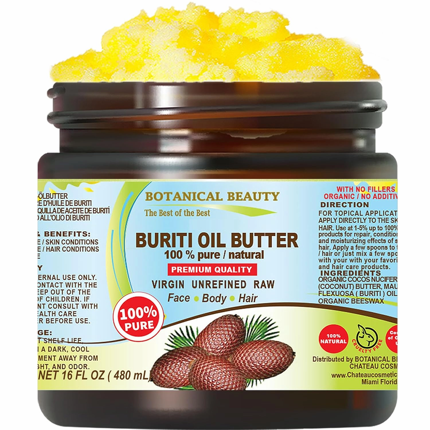 Botanical Beauty BURITI FRUIT OIL BUTTER Pure Natural Virgin Unrefined RAW 16 Fl. Oz.- 480 ml for FACE, SKIN, BODY, DAMAGED HAIR, NAILS. Natural sources of vitamin C and vitamin E
