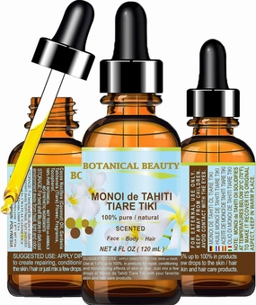 Botanical Beauty MONOI de TAHITI OIL TIARE TIKI 100% Pure Natural Undiluted Virgin 4 Fl. Oz.- 120 ml for FACE, SKIN, BODY, HAIR, NAILS