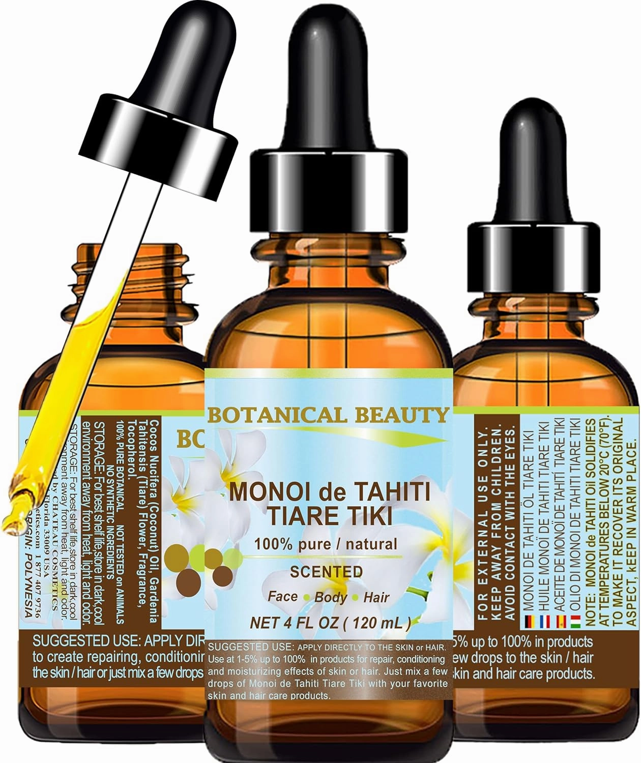Botanical Beauty MONOI de TAHITI OIL TIARE TIKI 100% Pure Natural Undiluted Virgin 4 Fl. Oz.- 120 ml for FACE, SKIN, BODY, HAIR, NAILS