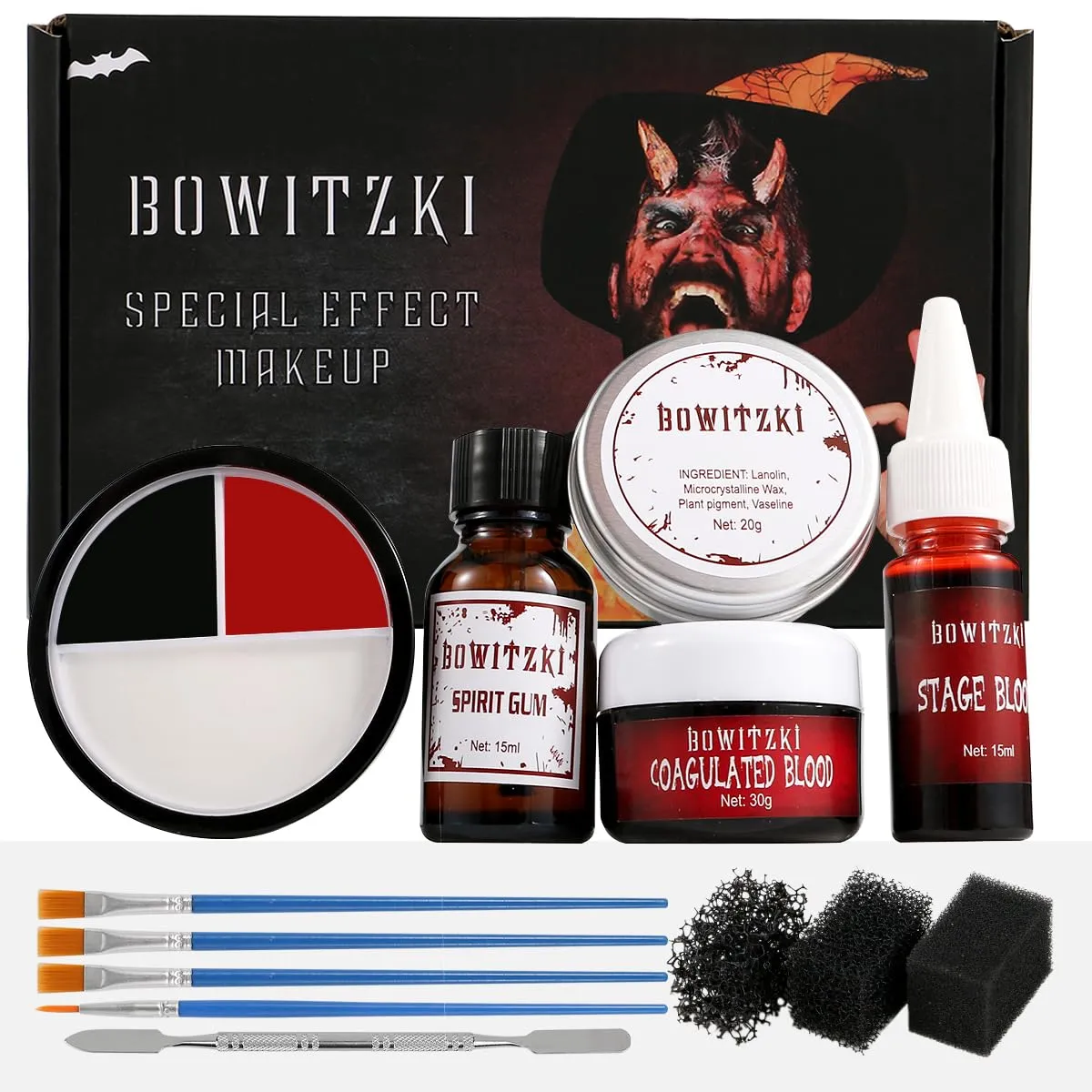 Bowitzki Halloween Makeup Kit SFX Scar Wax Special Effect Makeup,Coagulated Blood   3 Colors Oil Based Face Paint   Spirit Gum   Skin Wax   3 Stipple Sponges   Spatula