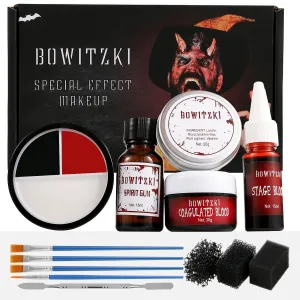 Bowitzki Halloween Makeup Kit SFX Scar Wax Special Effect Makeup,Coagulated Blood   3 Colors Oil Based Face Paint   Spirit Gum   Skin Wax   3 Stipple Sponges   Spatula