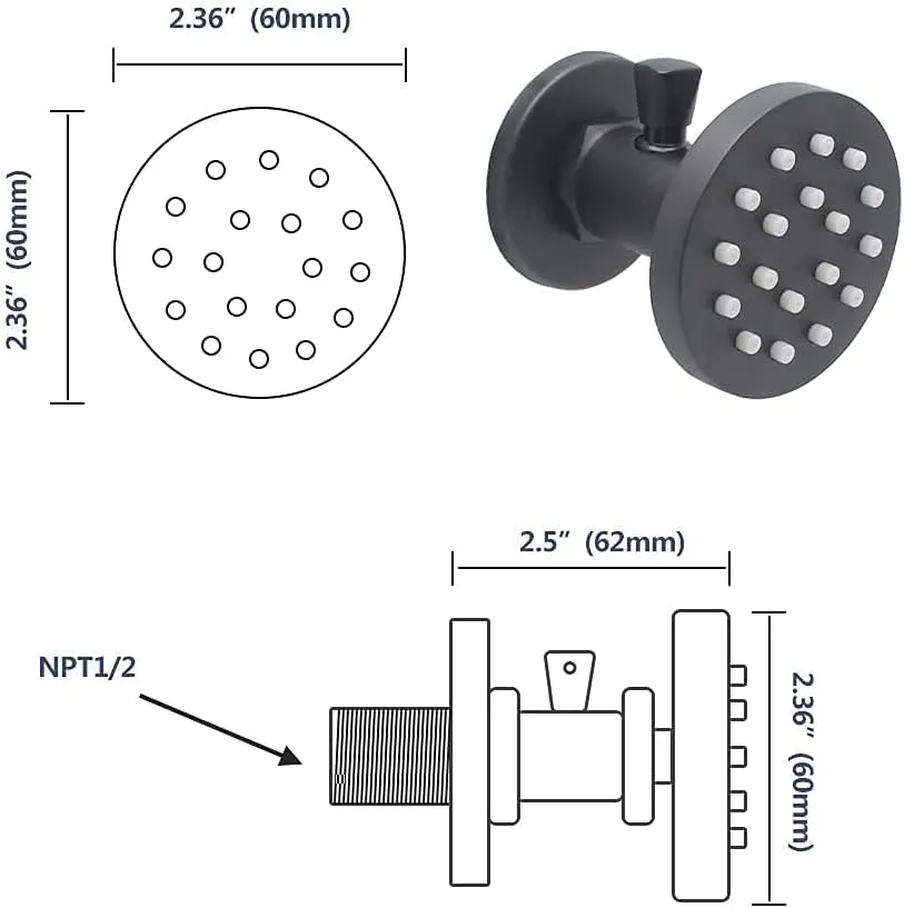 Brass Shower Body Jets with Adjustable Flow, Massage Spa Matte Black Round Body Spray Shower Side Wall Sprayer Head Jets, 4 pcs