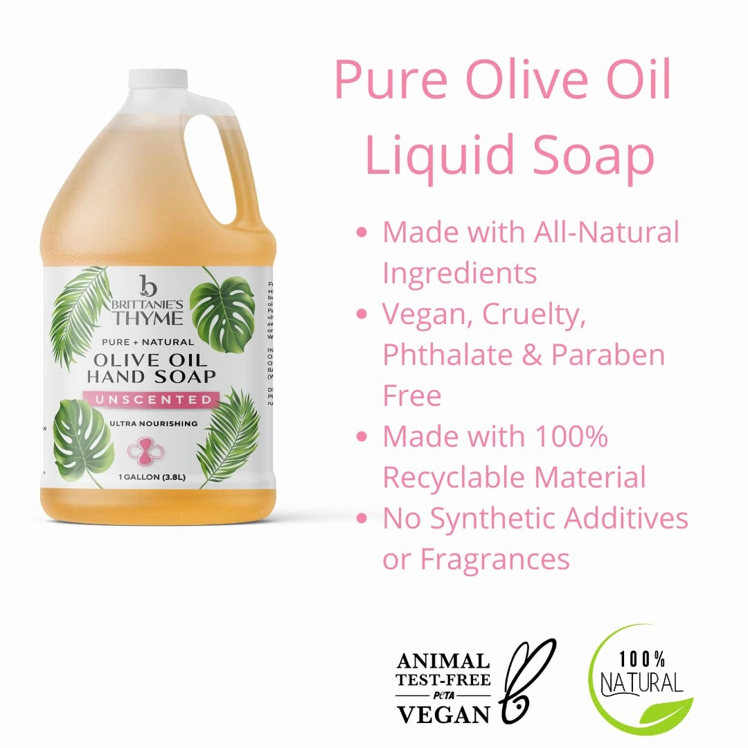 Brittanie's Pure Organic Castile Liquid Olive Oil Soap Refill, Unscented, 1 Gallon | Face, Body Wash, Dishes, Pets & Laundry | Vegan & Gluten Free Non-GMO