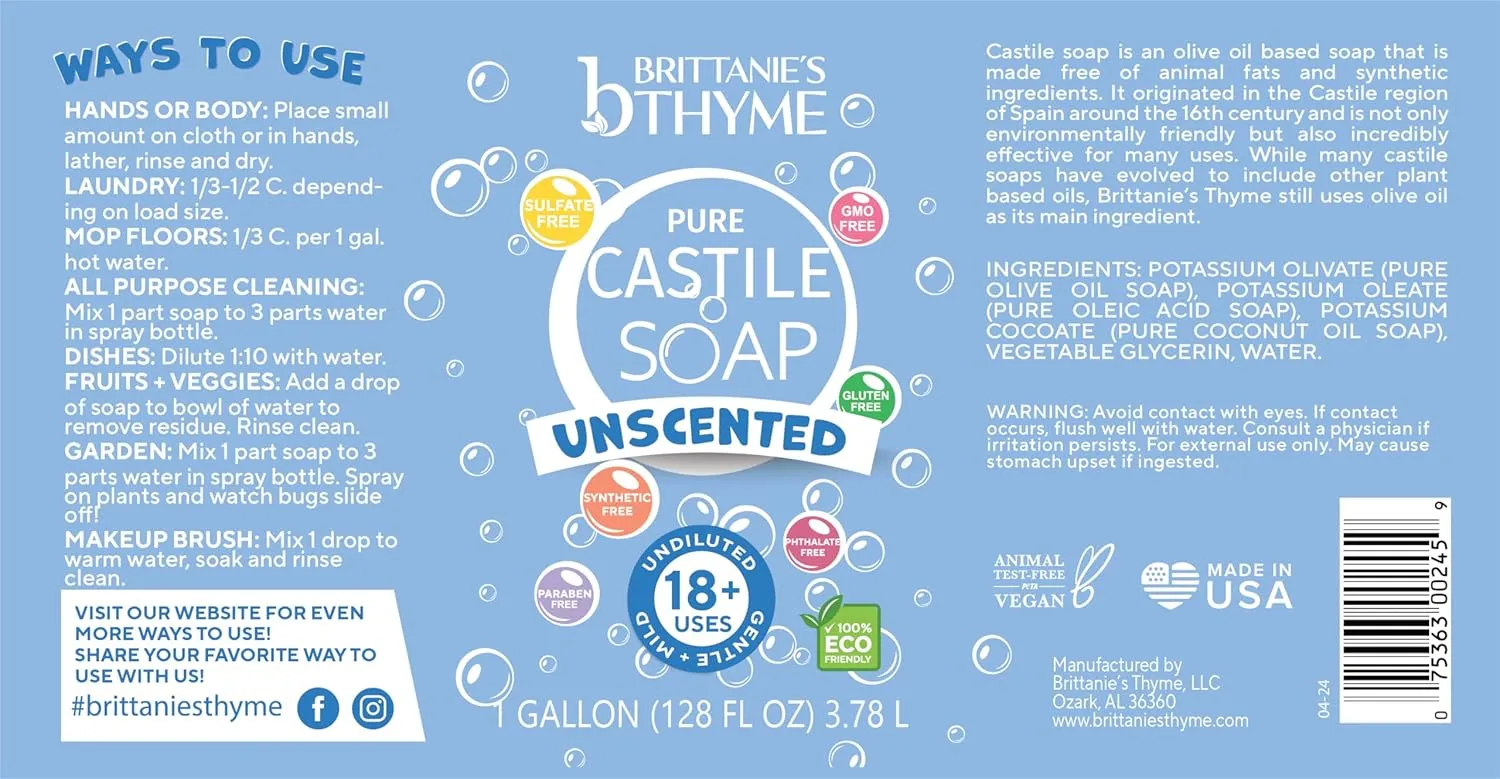 Brittanie's Pure Organic Castile Liquid Olive Oil Soap Refill, 1 Gallon | Face, Body Wash, Dishes, Pets & Laundry | Vegan & Gluten Free Non-GMO