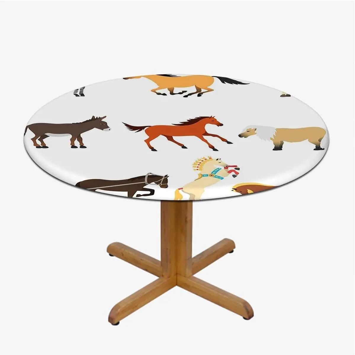 Brown White Round Fitted Tablecloth Cartoon Multi Animals Nature Polyester Washable Table Cloths Fit for 44"-47" Diameter Table Animal