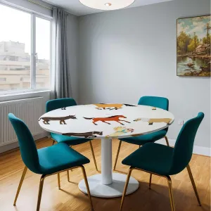 Brown White Round Fitted Tablecloth Cartoon Multi Animals Nature Polyester Washable Table Cloths Fit for 44"-47" Diameter Table Animal