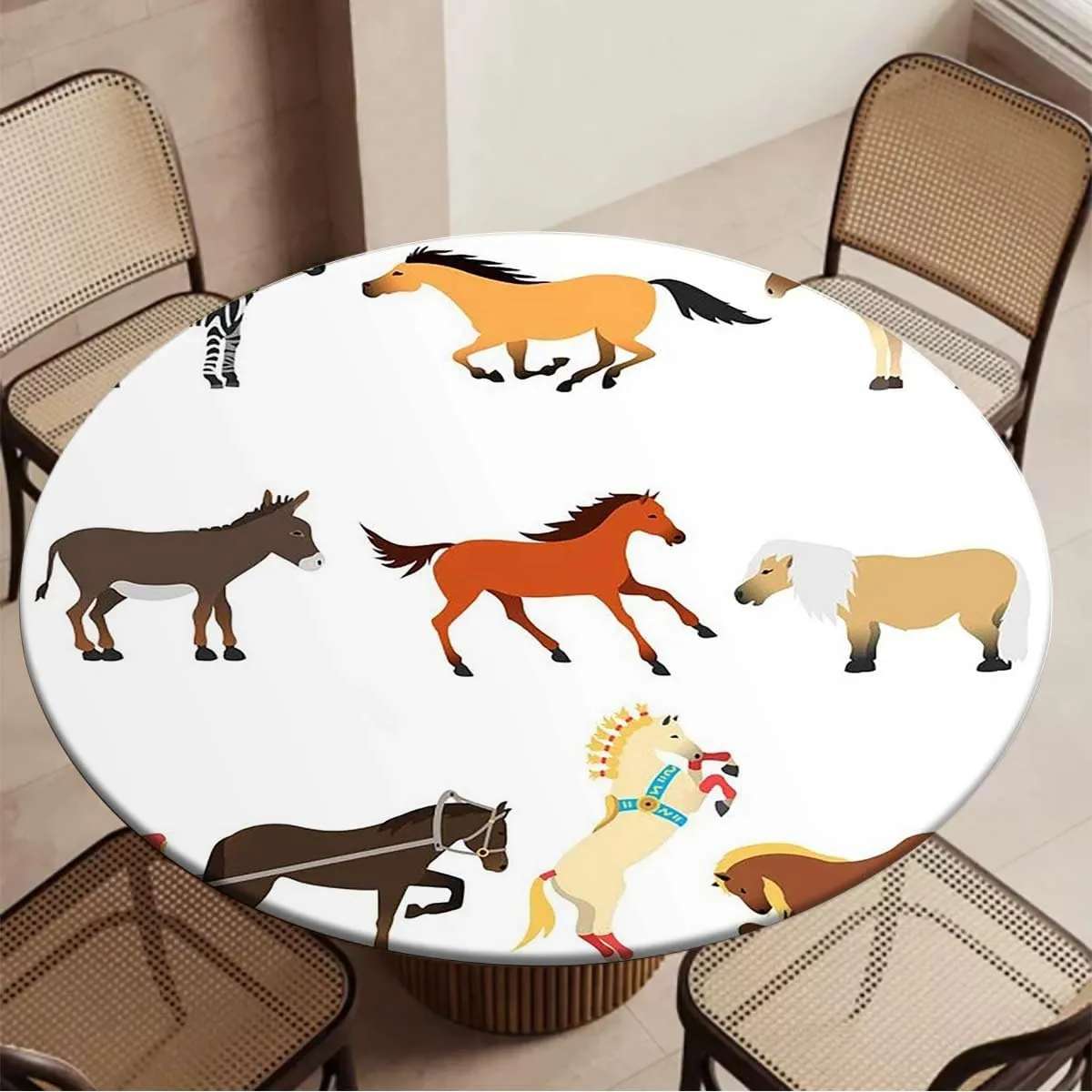 Brown White Round Fitted Tablecloth Cartoon Multi Animals Nature Polyester Washable Table Cloths Fit for 44"-47" Diameter Table Animal
