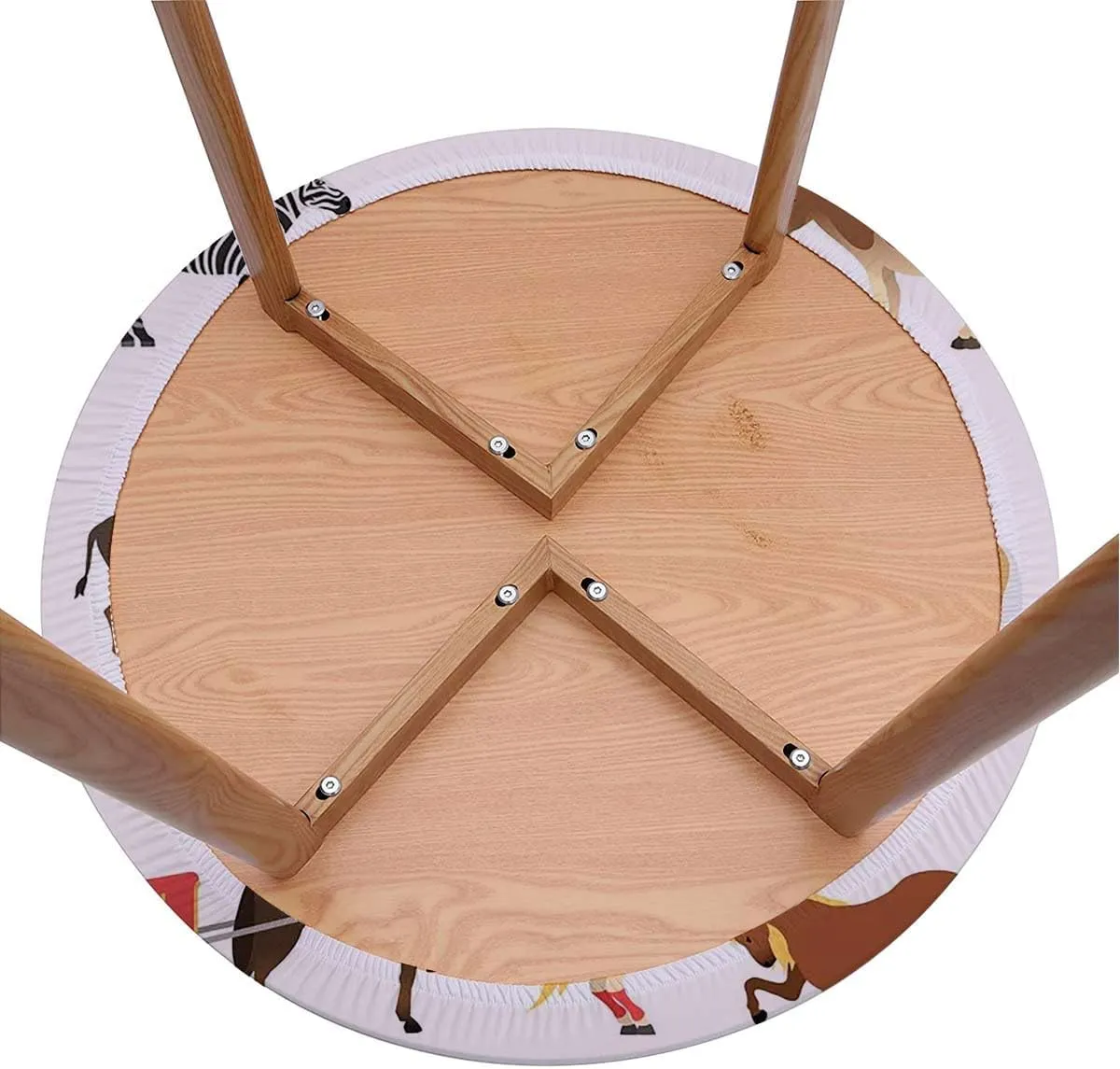 Brown White Round Fitted Tablecloth Cartoon Multi Animals Nature Polyester Washable Table Cloths Fit for 44"-47" Diameter Table Animal