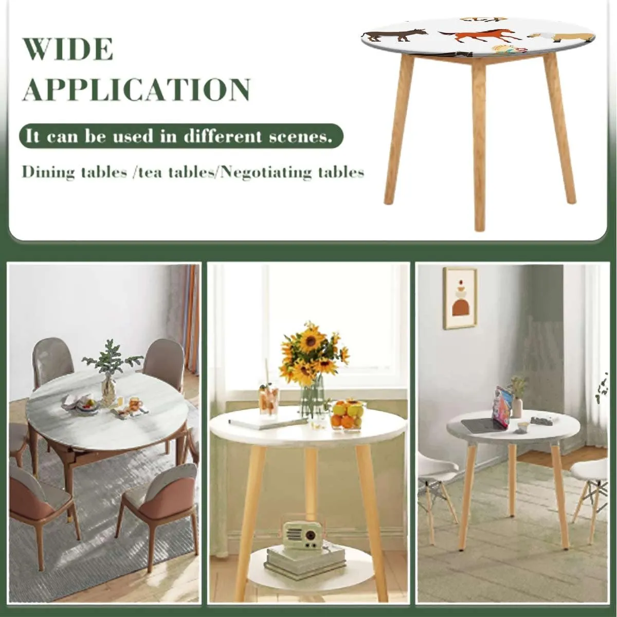Brown White Round Fitted Tablecloth Cartoon Multi Animals Nature Polyester Washable Table Cloths Fit for 44"-47" Diameter Table Animal