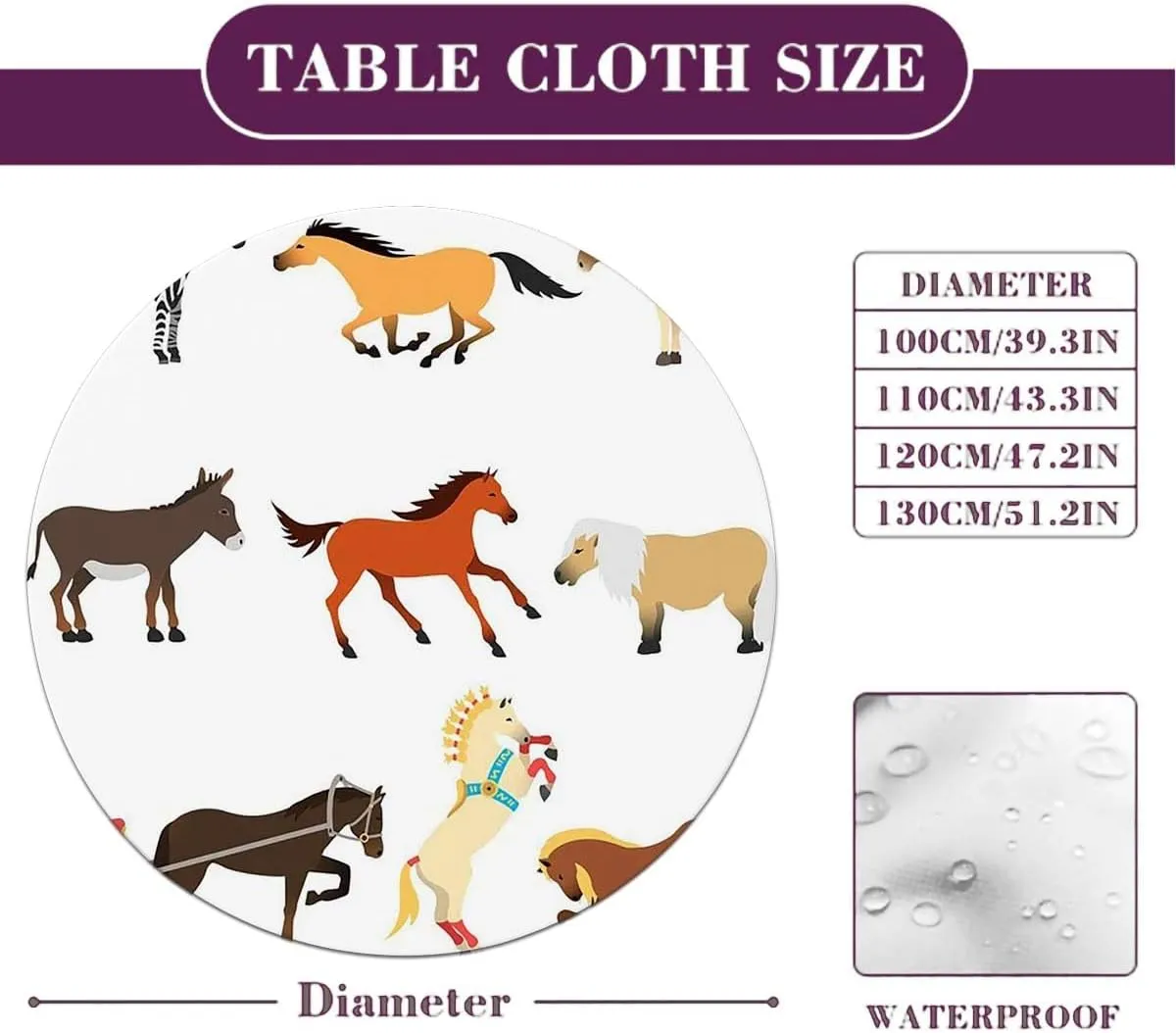 Brown White Round Fitted Tablecloth Cartoon Multi Animals Nature Polyester Washable Table Cloths Fit for 44"-47" Diameter Table Animal