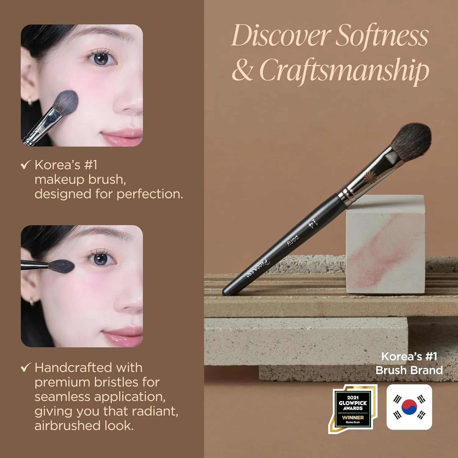 Brush PONY14 Blusher Brush – Soft Tapered Blush Brush for Delicate & Natural Finish, Ideal for Powder Blush and Highlighter, Premium Squirrel Hair, Korean Professional Makeup Tool