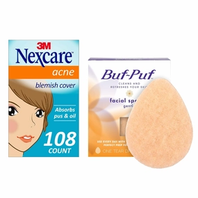 Buf-Puf Gentle Facial Sponge, Removes Deep Down Dirt & Makeup That Causes Breakouts and Blackheads, Reusable, Exfoliating (1 Count)   Nexcare Acne Absorbing Patch (108 Count)