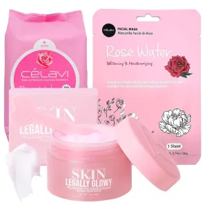 Bundle of 3 Korean Skincare Vegan Beauty Creations Legally Glowy Rejuvenating Moisturizer, Célavi Korean Makeup Remover Cleansing Wipes & Korean Facial Mask Paraben, Sulfate & Oil Free