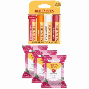 Burt's Bees Bundle - Superfruit Lip Balm, Grapefruit, Mango, Coconut & Pear, Pomegranate 4 Tubes, 0.15 oz   Rose Water Face Wipes, Micellar Makeup Remover & Facial Cleansing Towelettes, 30 Ct (3-Pack)