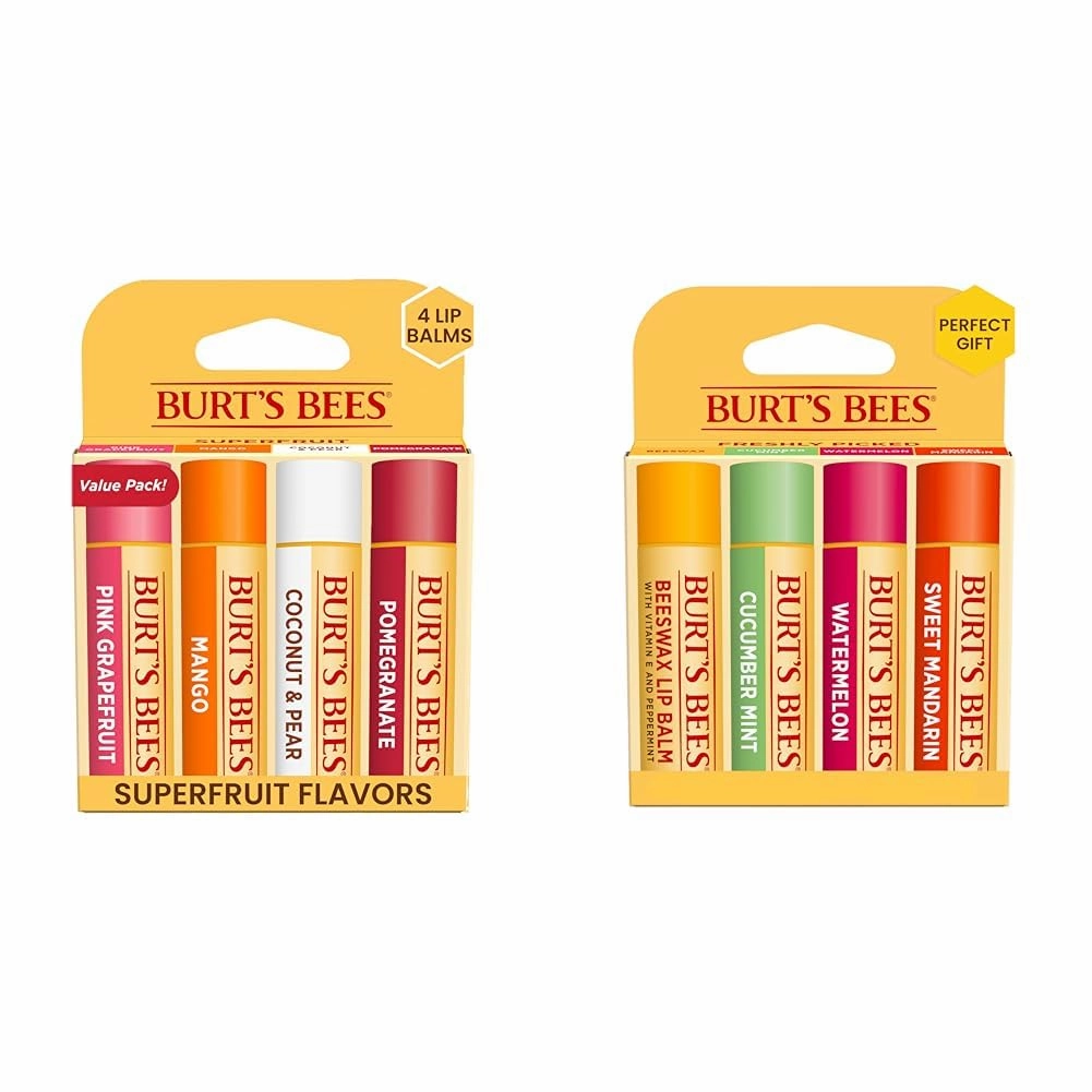 Burt's Bees Lip Balm Easter Basket Stuffers - Pink Grapefruit, Mango, Coconut & Pear, Pomegranate and Original Beeswax, Cucumber Mint, Watermelon & Sweet Mandarin Packs, 0.15 oz, 4 Tubes