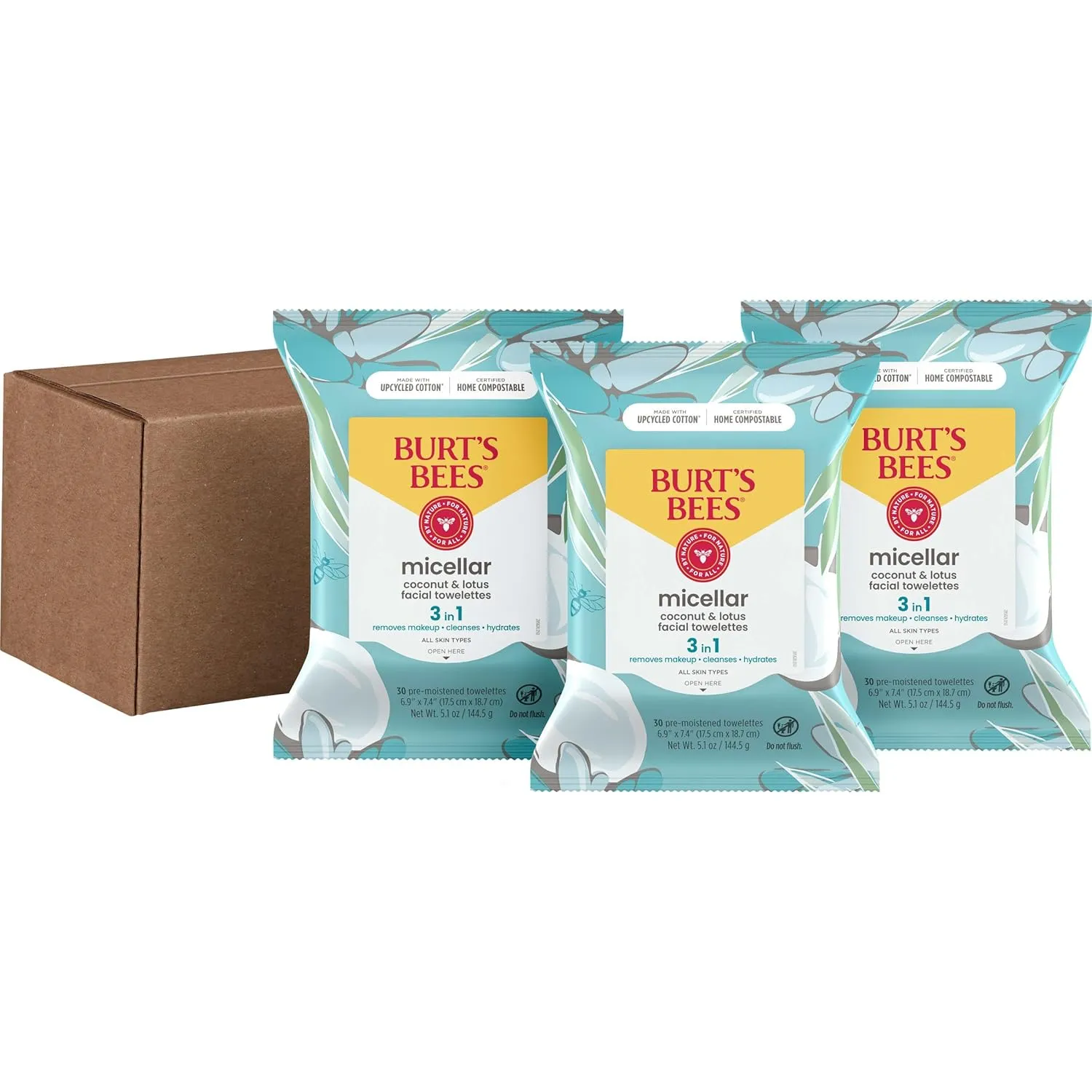 Burt's Bees Coconut & Lotus Face Wipes, for All Skin Types, Micellar Makeup Remover & Facial Cleansing Towelettes, 30 Ct. (3-Pack)