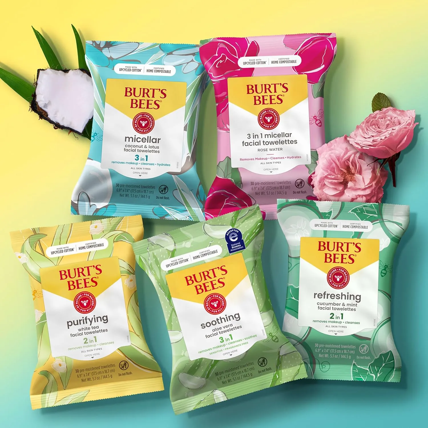 Burt's Bees Coconut & Lotus Face Wipes, for All Skin Types, Micellar Makeup Remover & Facial Cleansing Towelettes, 30 Ct. (3-Pack)