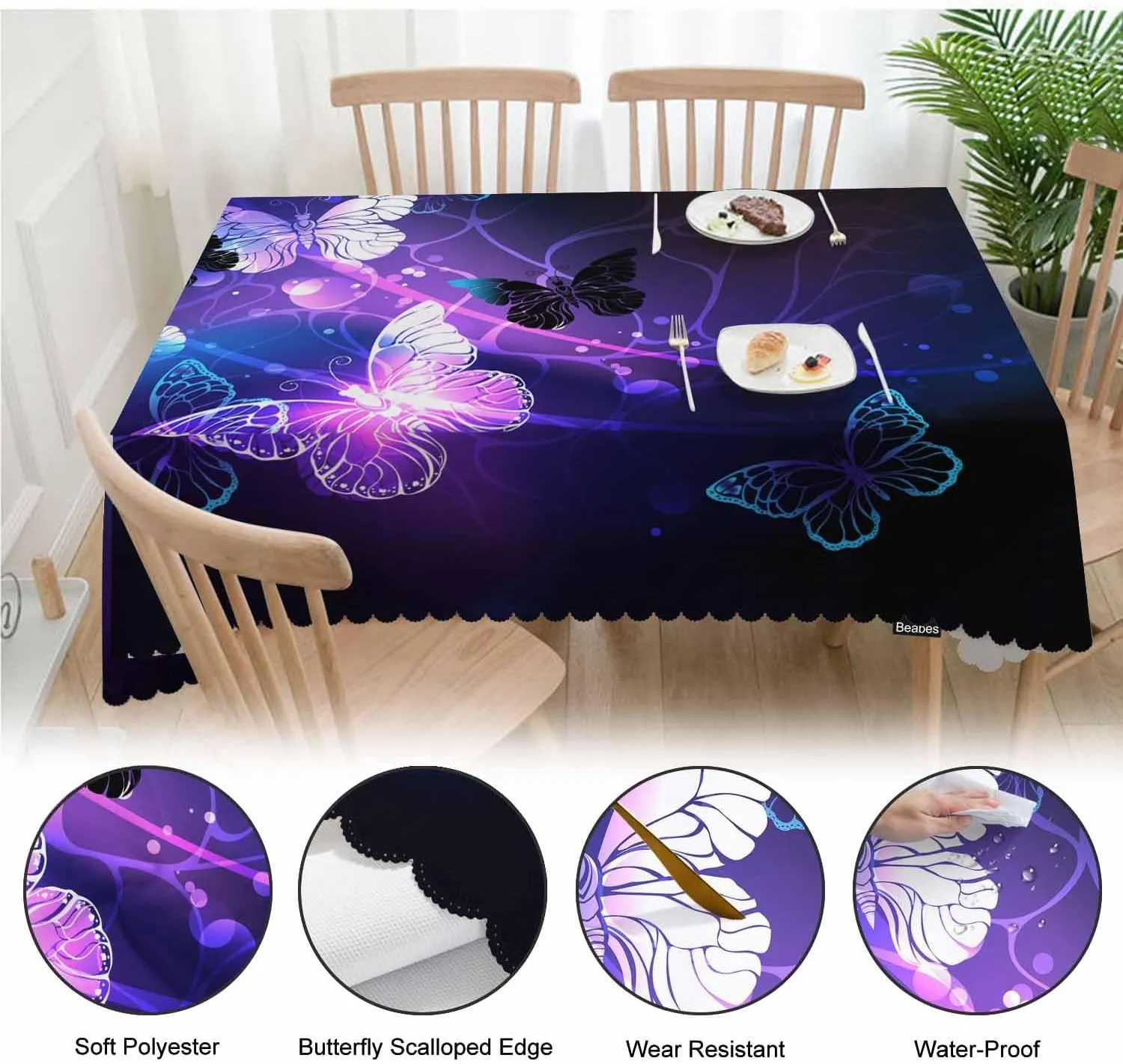 Butterfly Kitchen Tablecloth Glowing Butterflies Purple Indoor Outdoor Table Cover Anti-Oil Table Cloths for Wedding Banquet Dinner Tablecloths, 52x70 Inch(4-6 Seats)