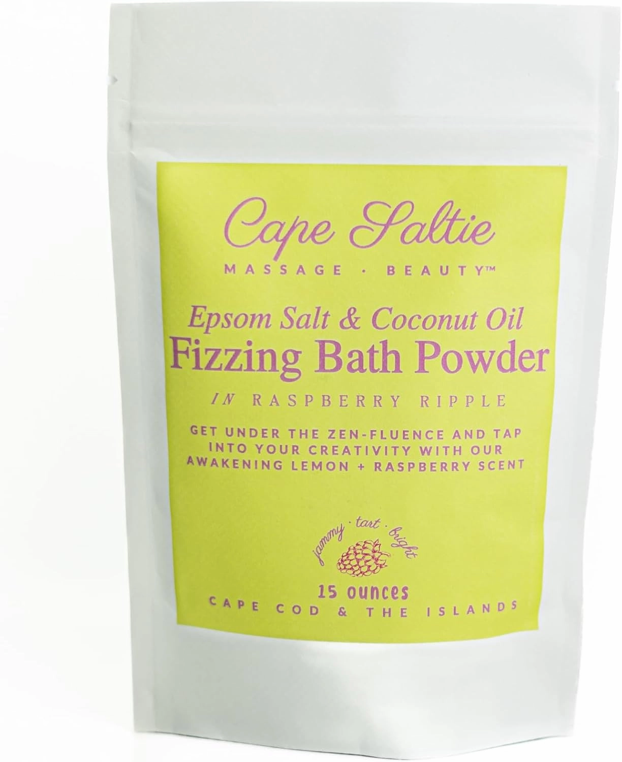 Cape Saltie · Massage Beauty Epsom Salt & Coconut Oil Fizzing Bath Powder in Raspberry Ripple (1 Bag, 15 oz, 3-5 Soak Experiences) | Soothe Muscles & Aches | Colorful, Aromatic Raspberry & Lemon Fizz