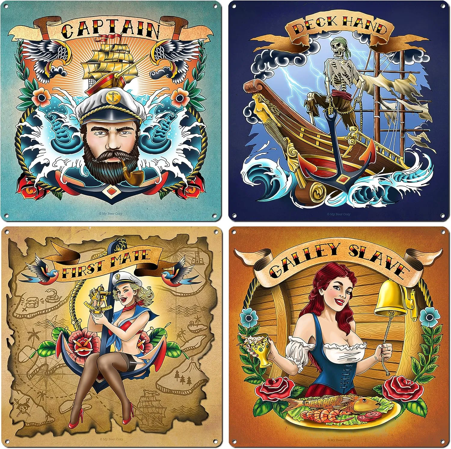 Captain, First Mate, Deck Hand and Galley Slave, Set of Four (4) 11.5 x 11.5 Inch Aluminum Signs, Nautical Decor, Boating Gifts, Bar, Man Cave, Lake, Beach House, Seafood Restaurant and Pirate Art