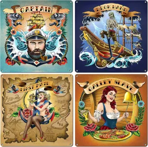 Captain, First Mate, Deck Hand and Galley Slave, Set of Four (4) 11.5 x 11.5 Inch Aluminum Signs, Nautical Decor, Boating Gifts, Bar, Man Cave, Lake, Beach House, Seafood Restaurant and Pirate Art