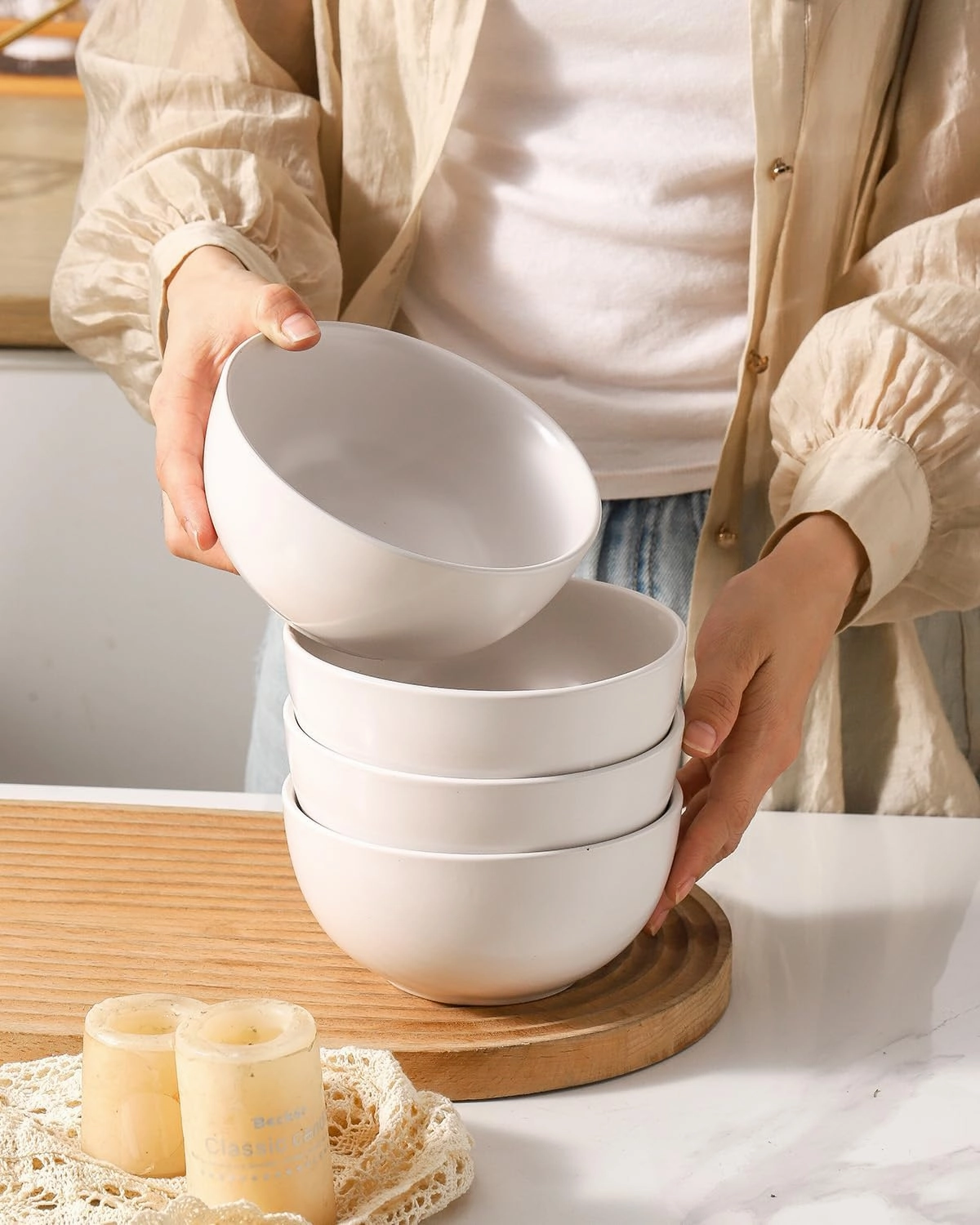 Cereal Bowls Set of 4, 24 oz Bowls for Kitchen, Ceramic Bowls for Salad, Fruit, Breakfast, Dessert, Stoneware Soup Bowls, Dishwasher & Microwave Safe, Matte White