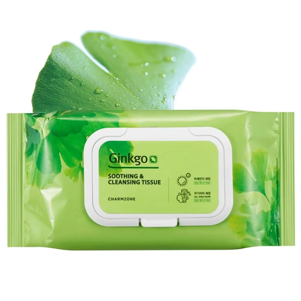CHARMZONE Ginkgo Soothing & Cleansing Tissue – Facial Wipes for Gentle Makeup Removal and Refreshing Cleanse, 70 Sheets (353g), Korean Skincare
