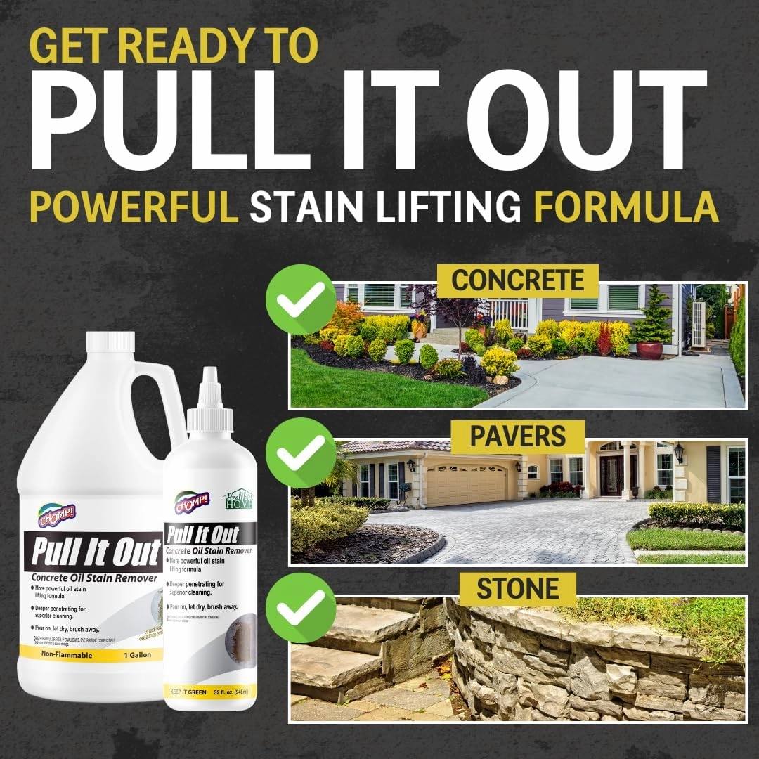 CHOMP! Concrete Oil Stain Remover: Pull It Out Removes and Cleans Oils, Greases from Garage Floors & Driveways 32 Fl Oz