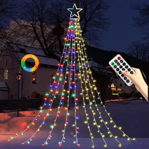 Christmas Decoration Lights, Outdoor String Lights 320 LED 11.5 Ft Waterfall Tree With Big Star Topper 8 Modes for New Year Holiday Garden Yard Indoor Outdoor Decor