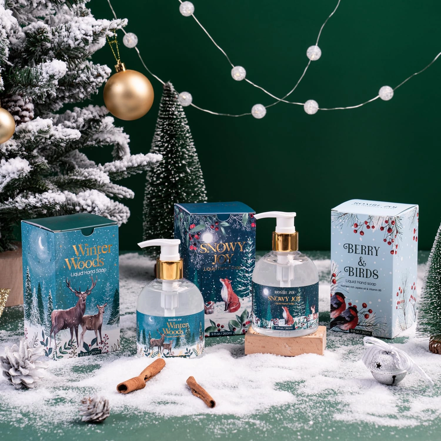 Christmas Liquid Hand Soap with Gift Box - 260ml/ 9 fl. Oz - Variety Pack of 3（Winter Woods，Snowy Joy, Berry and Birds）