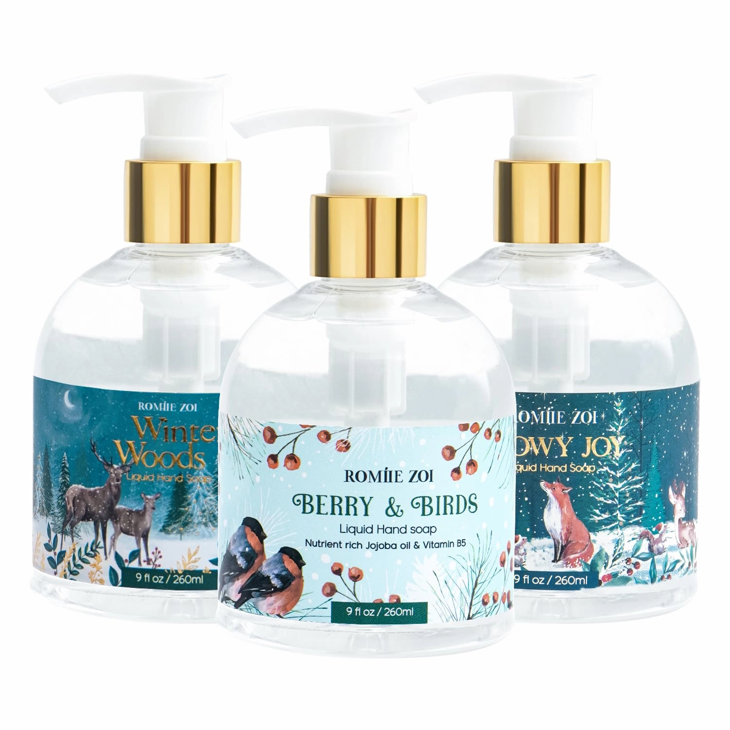 Christmas Liquid Hand Soap with Gift Box - 260ml/ 9 fl. Oz - Variety Pack of 3（Winter Woods，Snowy Joy, Berry and Birds）