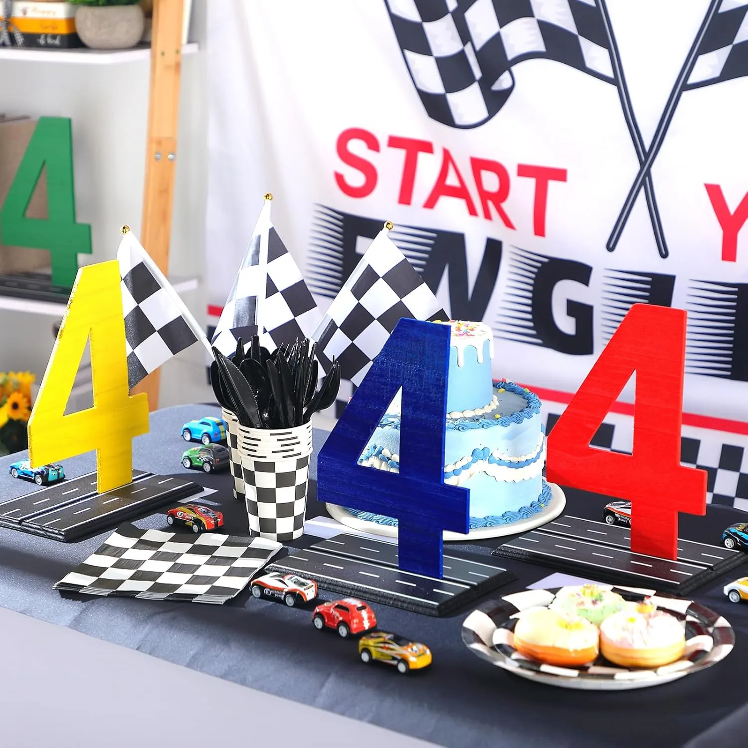 Chunful 4 Pcs Race Car 4th Number Sign Centerpiece Wooden Table Centerpiece Race Car Theme Birthday Party Supplies Photo Props Table Decor for Racing Party