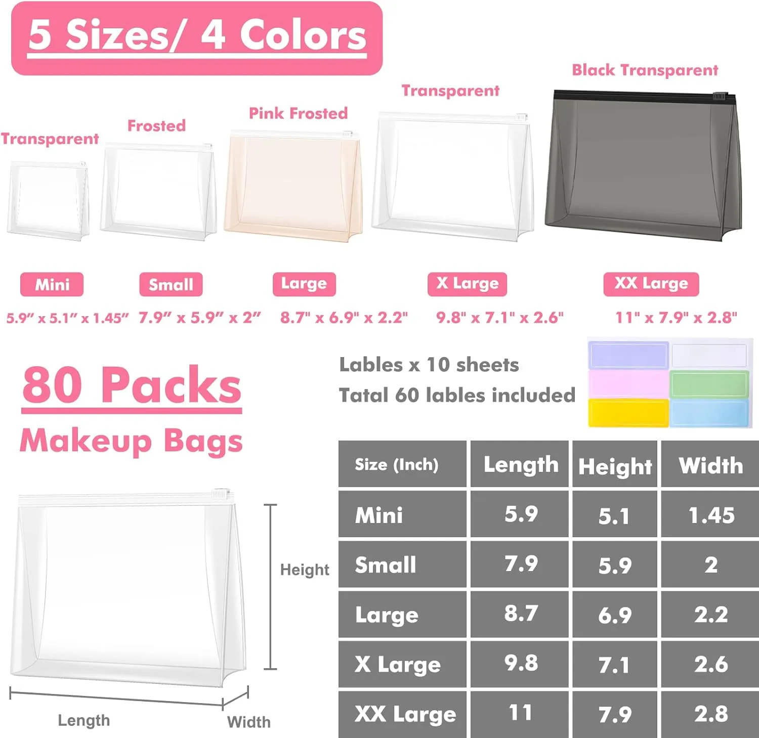 Circloophs 80 Pack Clear Makeup Bag Organizer Cosmetic Zipper Pouch Small Travel Pouches for Toiletries Transparent EVA Reusable Wash Bags Waterproof Plastic Clear Gift Bags, 8.7 x 6.9 x 2.2 In