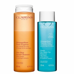 Clarins Gentle Eye Makeup Remover and One-Step Facial Cleanser with Orange Extract Bundle | Ultra-Gentle Remover for Light to Medium Eye Makeup | 2-in-1 Cleanser and Exfoliator for All Skin Types