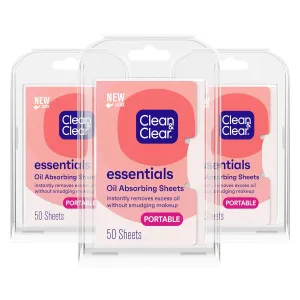 Clean & Clear Essentials Oil Absorbing Sheets, Portable Blotting Papers for Shine Control on the Face & Nose, Blotting Sheets Instantly Remove Excess Oil Without Smudging Makeup, 3 Pack